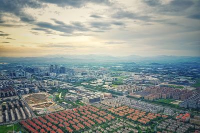 High angle view of cityscape against sky