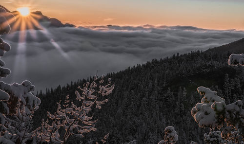 Scenic view of snow covered mountains against sky