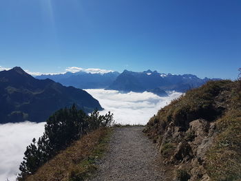 Scenic view of snowcapped mountains against clear blue sky