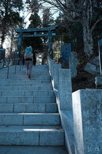 Rear view of woman walking on steps