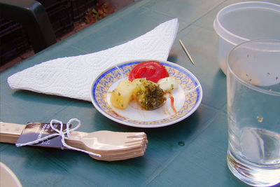 High angle view of breakfast on table