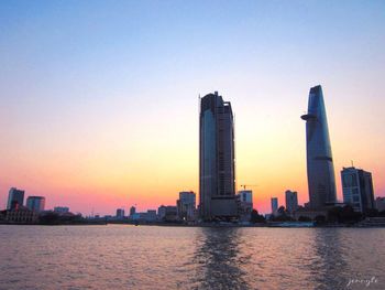 City skyline at sunset