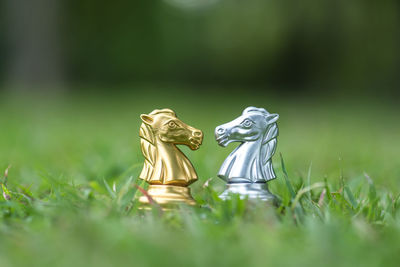 Close-up of chess pieces on grassy field