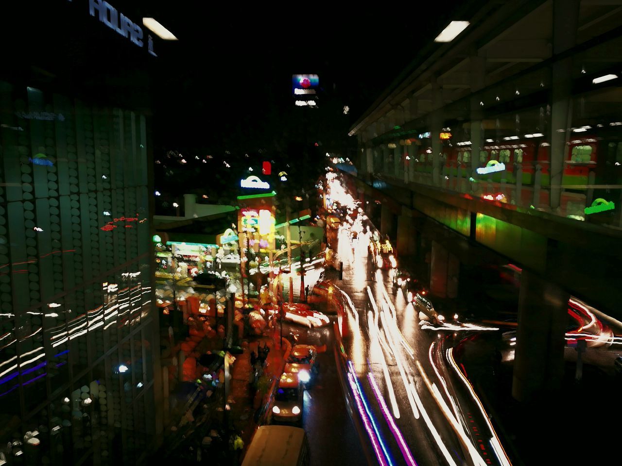 illuminated, night, high angle view, transportation, indoors, city, architecture, no people