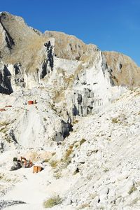 Low angle view of rocky mountains against clear sky
