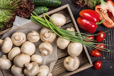 High angle view of various vegetables on table