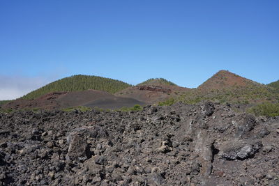 Scenic view of arid landscape against clear blue sky