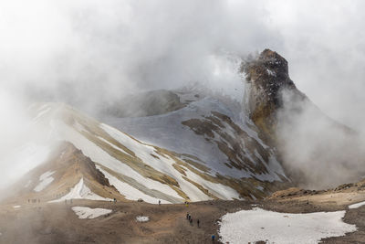 Scenic view of snowcapped mountains ridge against sky