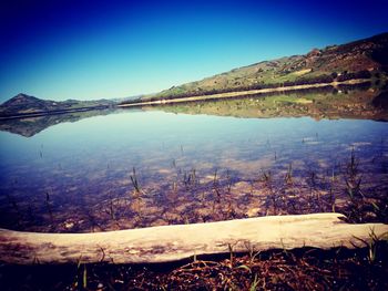 Scenic view of lake against clear blue sky