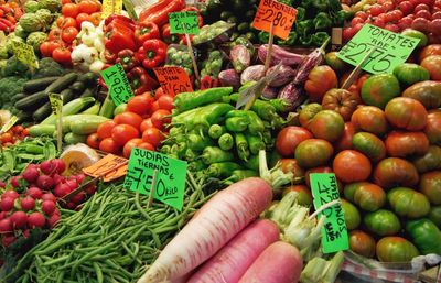 High angle view of vegetables for sale in market