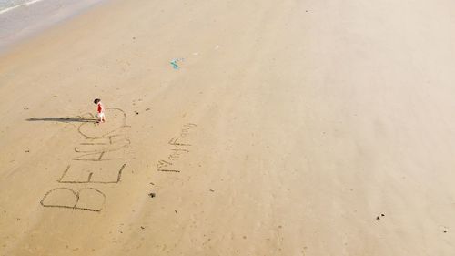 High angle view of man walking on beach