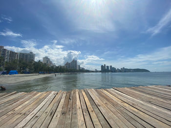 Scenic view of lake against sky in city