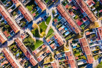 High angle view of residential buildings in city