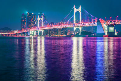 Illuminated bridge over river at night