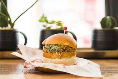 Close-up of cake served on table at restaurant