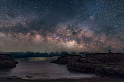 Scenic view of mountains against sky at night