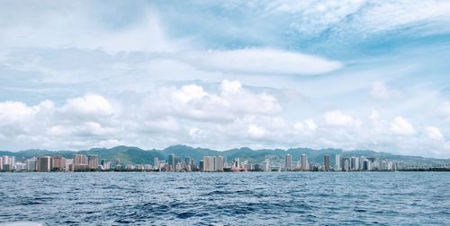 Scenic view of sea and buildings against sky