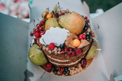 High angle view of dessert on table