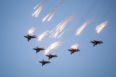 Low angle view of fighter planes in clear sky
