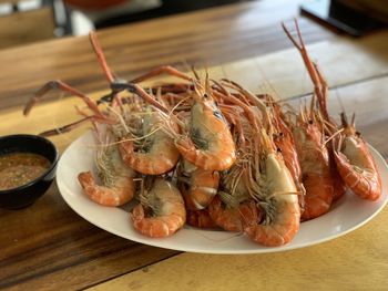 High angle view of seafood in plate on table