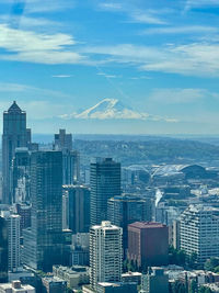 Aerial view of buildings in city against sky