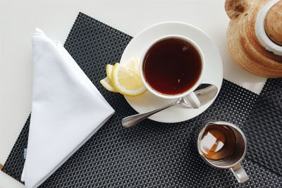 High angle view of tea cup on table