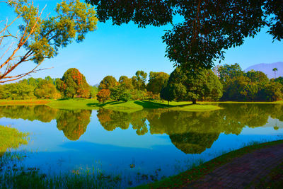 Scenic view of lake against clear blue sky