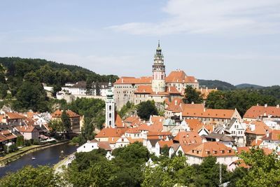 Buildings in town against sky