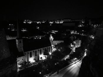 High angle view of illuminated city at night