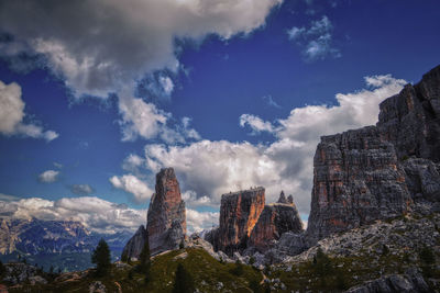 Low angle view of rocks against cloudy sky