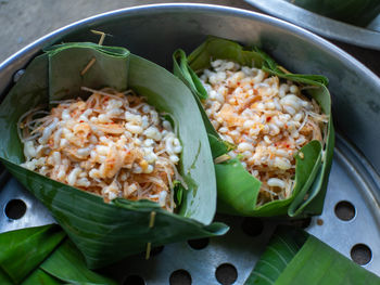 Thai food called hor mhok with ingredients of vermicelli and ant eggs. 