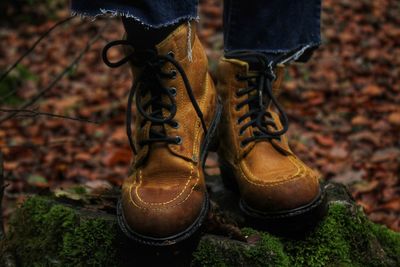 Low section of person wearing shoes standing on rock