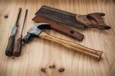 High angle view of tools on table