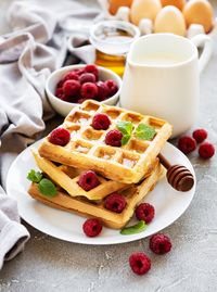 High angle view of breakfast served on table