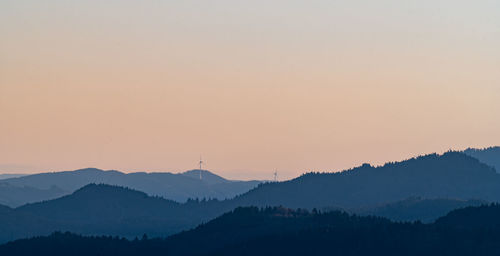 Scenic view of silhouette mountains against sky during sunset