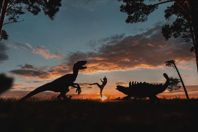 Silhouette birds on land against sky during sunset