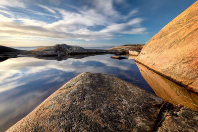 Scenic view of lake and mountains against sky