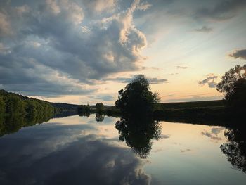 Scenic view of lake against sky at sunset