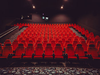 Empty red chairs in a theatre/cinema