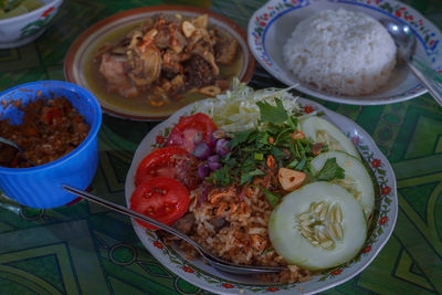 High angle view of food in plate on table