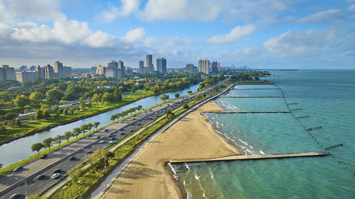 High angle view of city at waterfront