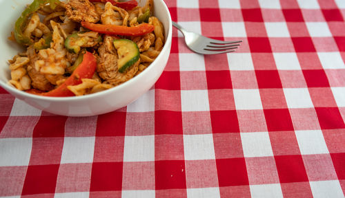 High angle view of noodles in bowl on table