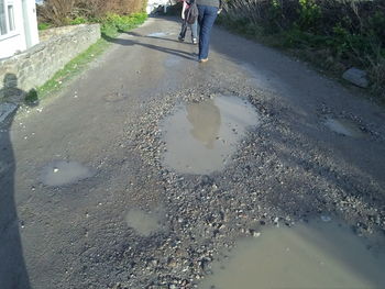 Reflection of people in puddle