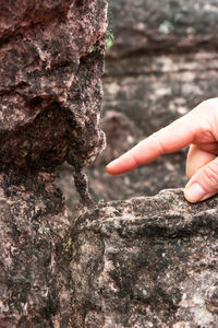 Close-up of human hand on rock