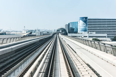 Railroad tracks in city against clear sky