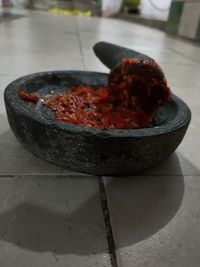 High angle view of meat in bowl on table