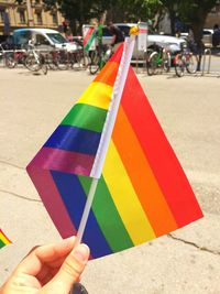 Cropped image of hand holding rainbow flag