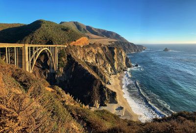 Scenic landscape of bixby bridge and pacific ocean in big sur on a clear day