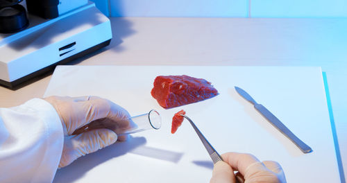 Close-up of hand examining food in laboratory