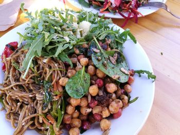 High angle view of vegetables in plate on table